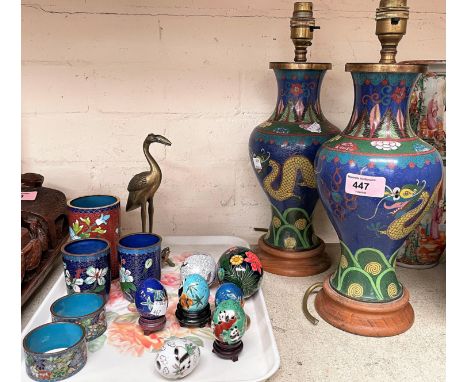 Two Cloisonne table lamps, other Cloisonne Knocks to lamp bases, smaller pieces generally good condition