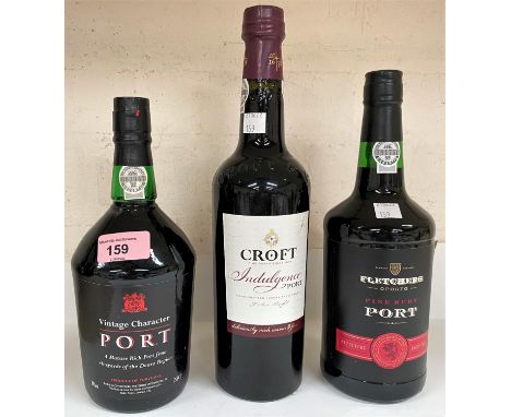 Three&nbsp;75 cl bottles of port:&nbsp; "Fletcher's Fine Ruby"; "Vintage Character" &amp; "Croft Indulgence" 