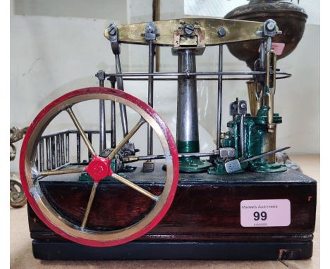 A scratch built model of beam engine in steel and brass with polished wood plinth, 22 x 23cm 