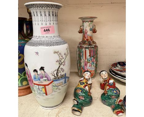 A Chinese Republic pierced style vase and a Canton vase and two ceramic figures4 pieces in good condition 