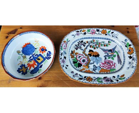 A Mason's jardiniere patterned large bowl and an Ashworth Brothers Mason's style large meat platter; blue and white Delft pla