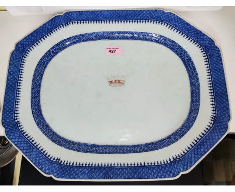 A large Chinese 18th/19th century export meat platter with central crown, length 44cm Wear to enamel armorial and overall gla