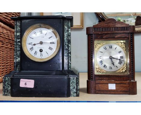 A mantel clock in slate case with white enamel dial, by Shaw of Manchester, base detached; a wood and brass cased mantel cloc