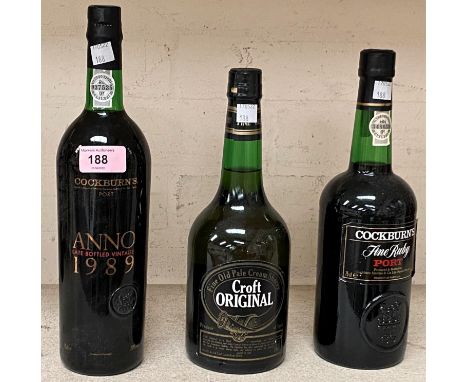 A&nbsp;70 cl bottle of "Cockburn's" fine ruby port; a&nbsp;70 cl bottle of "Cockburn's" Anno 1989 port; a&nbsp;70 cl bottle o