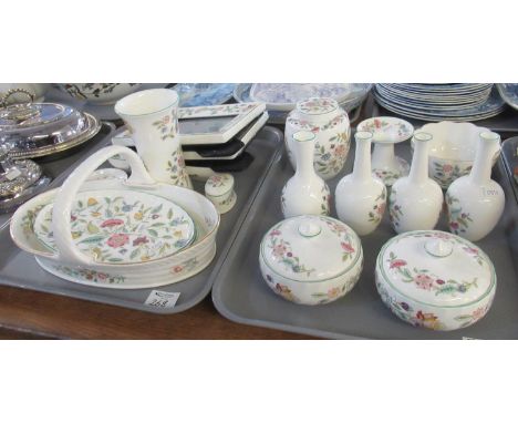 Two trays of Minton 'Haddon Hall' china to include two lidded powder dishes, a ginger jar, four posy vases, small oval plates