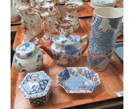 Tray of Masons Ironstone Mandalay red items to include candlesticks, graduated set of three pouch-shaped dresser jugs and a v