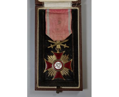 Polish Cross of Merit with swords medal, marked RP (Republic of Poland), first class in red and white enamel. In associated S