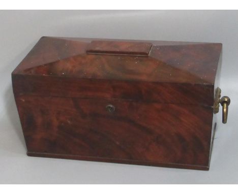 Early 19th century mahogany sarcophagus-shaped tea caddy with two lidded containers to the interior and a slice cut glass mix
