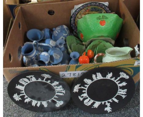 Box of assorted china to include a collection of blue and white Jasperware and two black and white Jasperware plates depictin