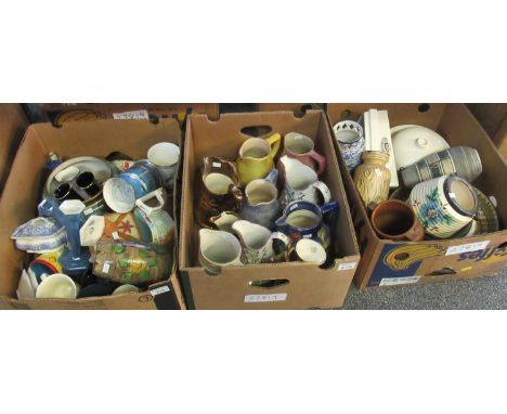 Three boxes of assorted china to include a shorter vase, Medina pattern by Mabel, decorated with stylised hand painted flower