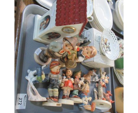 Tray of assorted items to include a collection of Goebel West German figurines of children, together with a Blue Tit on a bra