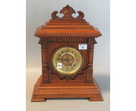 Early 20th century oak architectural two-train mantel clock, Ansonia Clock Co. U.S.A. Overall 45cm high approx.(B.P. 21% + VA