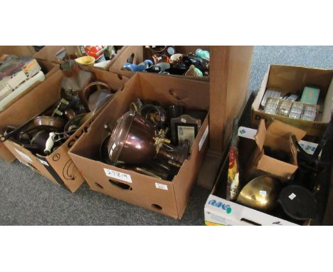 Three boxes of assorted metal ware to include small copper watering can, a Port copper lantern, lucky horseshoe and cat brass