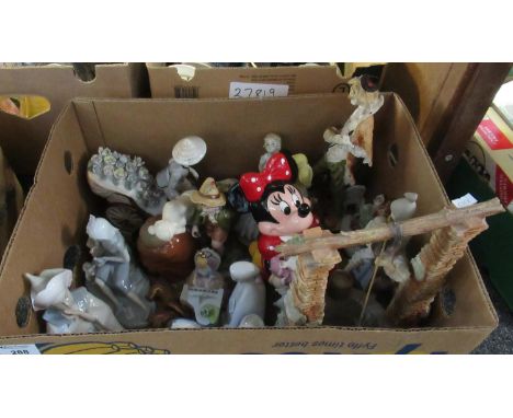 Box of assorted figurines to include Nao style figurines, Dux figurines, pair of Continental figurines, large Minnie Mouse mo