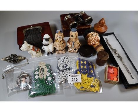Box of oddments to include senior service advertising dogs, vintage compact by Saville of London, opera glasses in original l