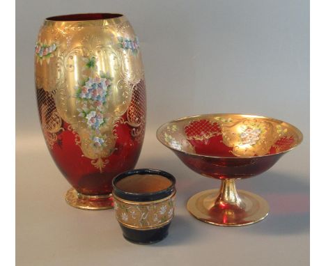 Two ruby glass items to include comport and baluster vase overall with gilded and floral decoration, together with a Doulton 