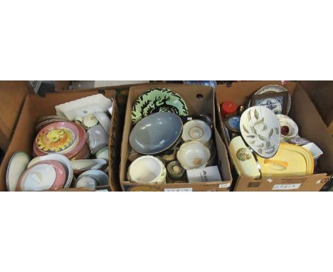 Three boxes of assorted china and pottery to include a signed Denby avocado-shaped dish decorated with leaves, a blue Denby b