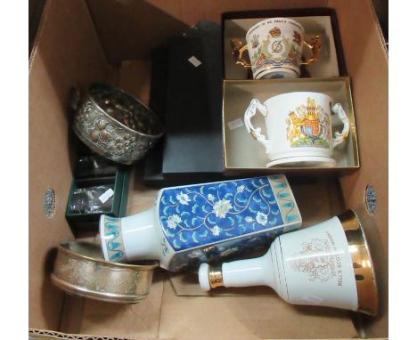 Box containing various items to include: Bell's scotch whisky ceramic bell to commemorate the birth of Prince William of Wale