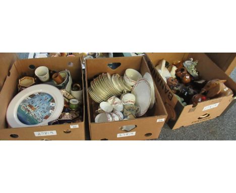 Three boxes of assorted china to include Mejr Fine Bone china part dinner and tea ware, Villeroy and Boch Naif Christmas porc