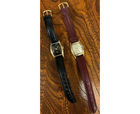 Bulova - a vintage gentleman's 10k rolled gold wristwatch, c. 1945, the shaped cushion case enclosing black dial with Arabic 