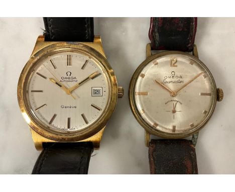 Omega - an automatic Geneve gold plated cased wristwatch, ref 166.0168,  brushed silver dial, block baton markers, centre sec