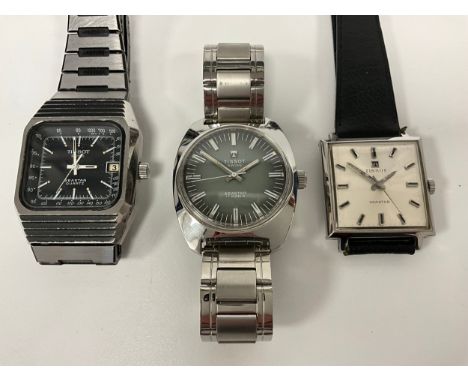 Tissot - three different Seastar wristwatches, silvered square dial, raised block baton markers, manual wind movement, black 