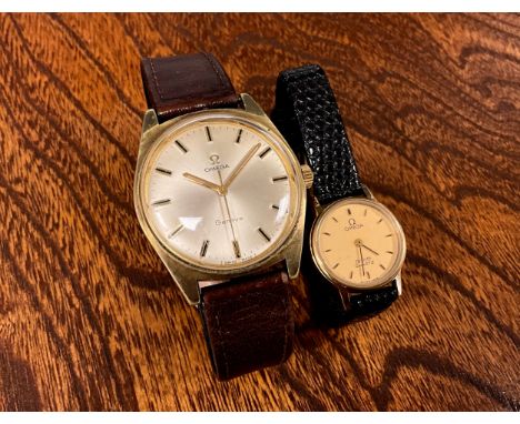 Omega - a 1960's Geneve mechanical wristwatch, gold plated 34mm case, silvered sunburst dial, raised baton markers, minute tr