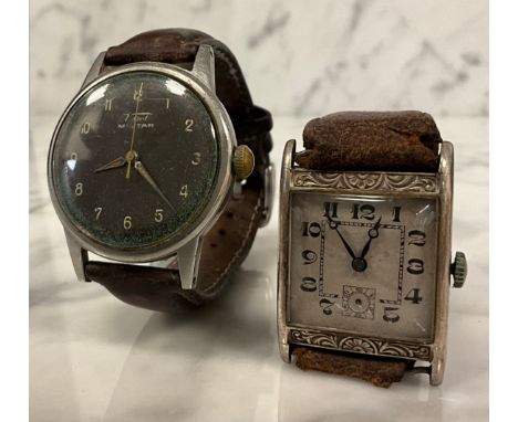 A 1920s Art Deco rectangular silver tank cased wristwatch, textured floral dial, Arabic numerals, subsidairy seconds, manual 