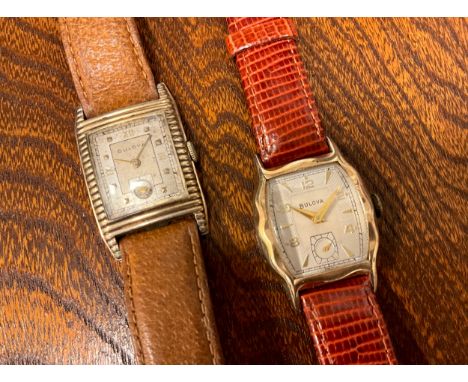 Bulova - a vintage gentleman's 10k rolled gold wristwatch, c. 1945, with shaped ridged rectangular case, silvered dial with q