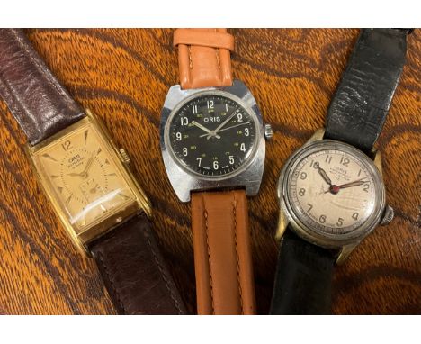 Oris - a vintage 1960s stainless steel wristwatch, black dial, Arabic numerals the outer larger 1-12 in white, smaller inner 