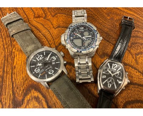 Citizen - Ecodrive WR 100 military style chronometer wristwatch, brushed steel 42mm diameter case, black dial, three subsidia