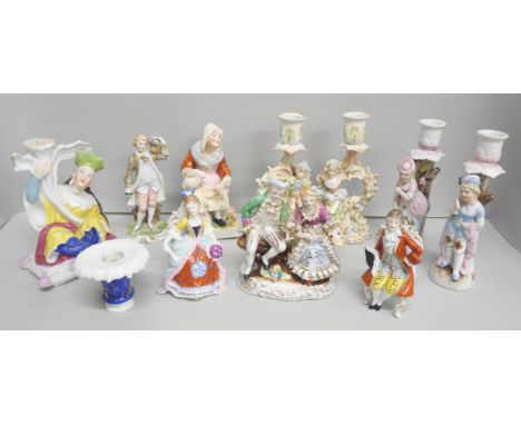 A 19th century Staffordshire figure, The Cobbler's Wife (Nell Jobson's wife), a Staffordshire figural candlestick, a/f, two o