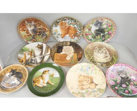 Two boxes of cat themed items comprising teapots, wall plates, Coalport and Royal Worcester and cat figures, etc. **PLEASE NO