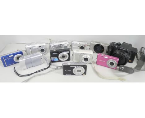 A box of digital cameras to include Lumix Panasonic DMC-FZ20, Kodak Easy Share CX7430, PrakticaDCZ 10.4, Samsung SHD Lens Dig