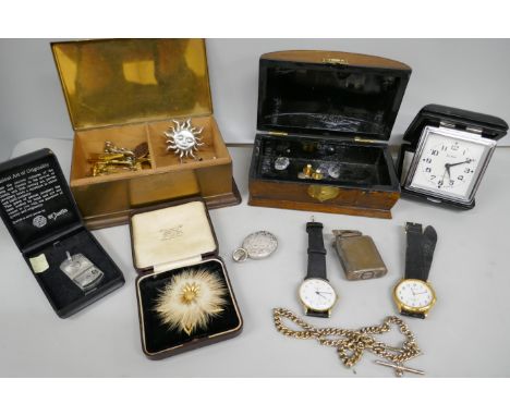 Two Sekonda wristwatches, plated cigarette box, Slava travel clock, vintage lighter, etc.&nbsp;*This lot is not available for