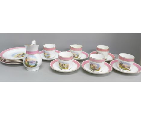 A tea service, six cups and saucers, four plates and a jug, with highland scene detail