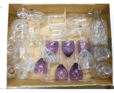 Glass; a set of six RCR Italian crystal wine glasses, a set of six wines with amethyst glass bowls, Edwardian etched glass sh