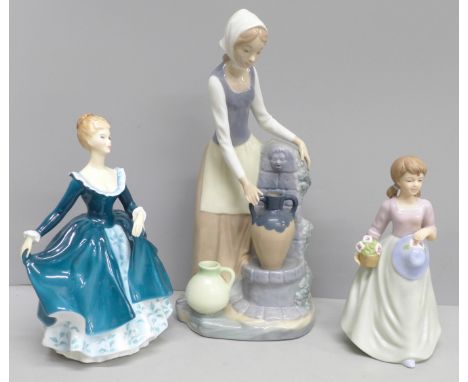 Three porcelain figures, Royal Doulton Janine, second quality, a large Nao figure and Sally by the Regal Collection, Sally a/