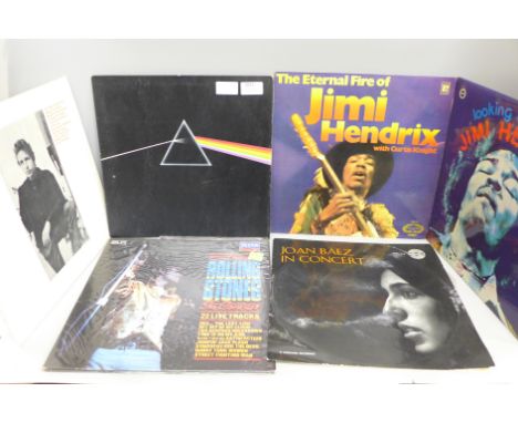 Fourteen LP records, Pink Floyd Dark Side of the Moon, Jimi Hendrix, Free, Bob Dylan, etc.