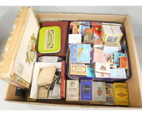 Tobacciana; box of cigarette/cigar boxes, matchboxes, six lighters, etc. **PLEASE NOTE THIS LOT IS NOT ELIGIBLE FOR IN-HOUSE 