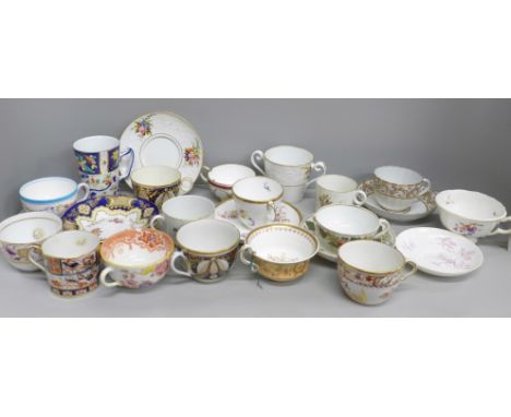 A collection of early English cups and saucers, some individual cups a/f, porcelain and china includes early Spode and Minton
