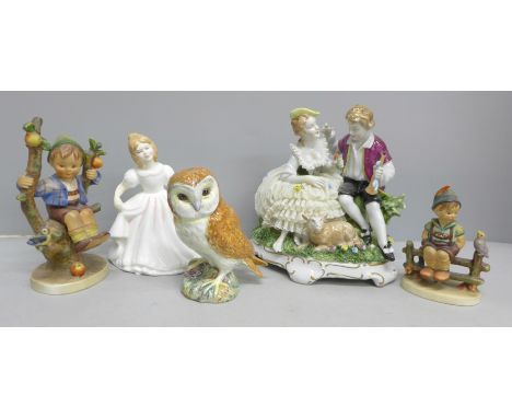 Five figures, Royal Doulton Amanda, a Beswick Owl, 2026, two Hummel and an Unter Weiss Bach figure group, (smaller Hummel a/f
