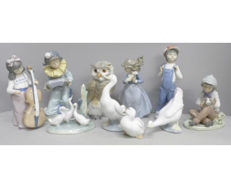 A collection of eight Nao and two Lladro figures, (two Lladro a/f)