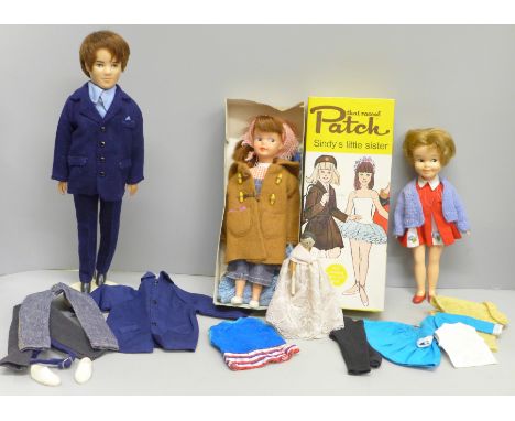 Four vintage dolls, That Rascal Patch, Sindy's Little Sister, boxed, Penny Brite, Paul, Sindy's boyfriend and a small wooden 