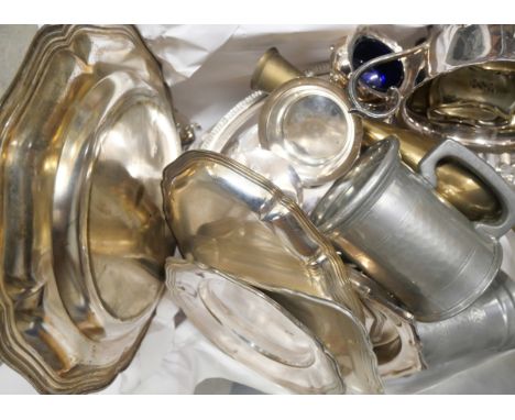 A collection of plated ware, including a pair of candelabra, tray, etc. (two boxes)*THIS LOT IS NOT AVAILABLE FOR PACKING AND