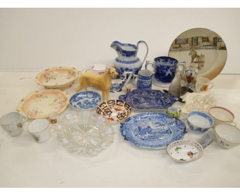 A mixed lot of china, a Royal Doulton series ware plate, an early English tea cup and two saucers, Beswick dog and USSR seal,