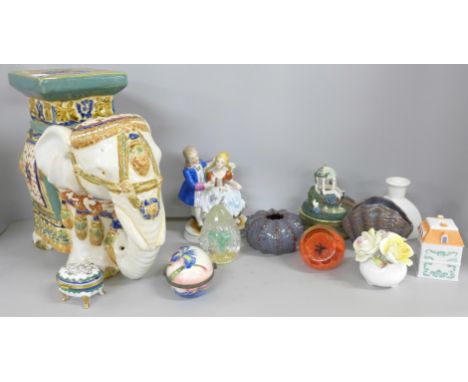Two boxes of mixed china and glass; a ceramic elephant seat, figures, ceramic boxes, resin animal figures, etc. **PLEASE NOTE