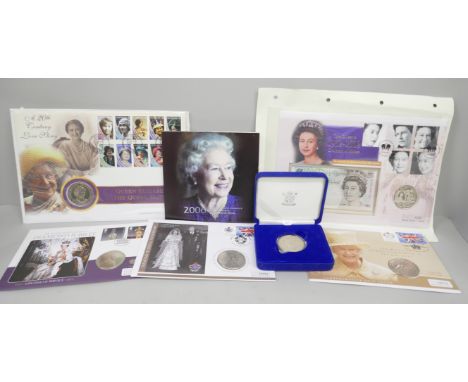 Six £5 coins and a £5 bank note and £5 coin first gay cover 