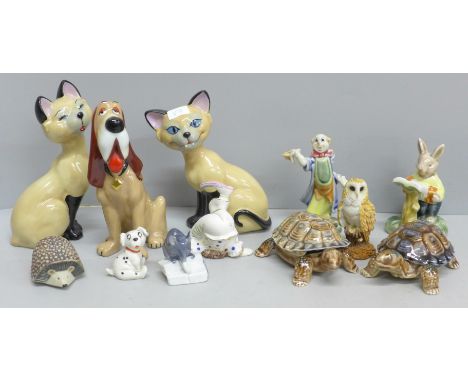 Three Wade blow up characters, two Wade tortoises, a small Royal Copenhagen mouse figure other figures