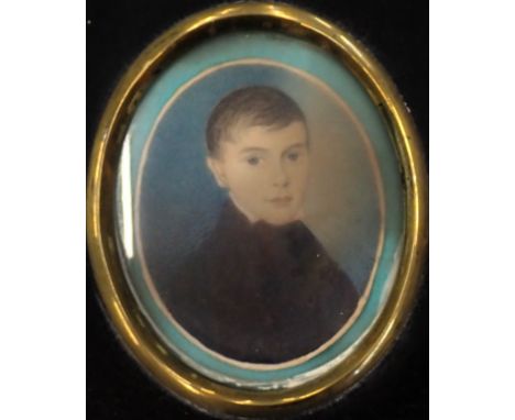 19thC Portrait miniature. Head and shoulders of a young man, watercolour, 6.5cm x 5.5cm, ebonised wooden frame.